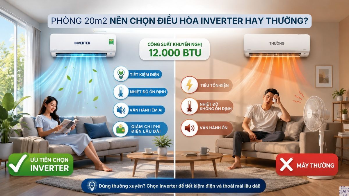 Phòng 20m2 nên chọn điều hòa Inverter hay thường?