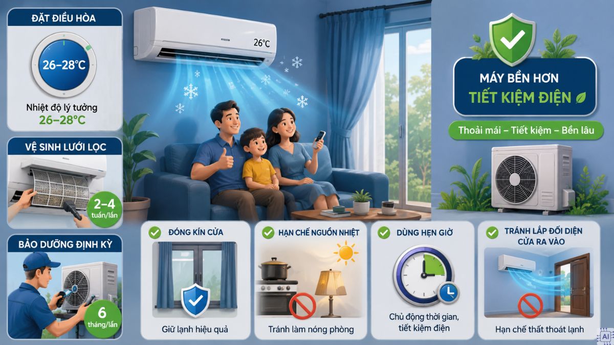 Cách giúp điều hòa phòng 20m2 bền hơn và tiết kiệm điện