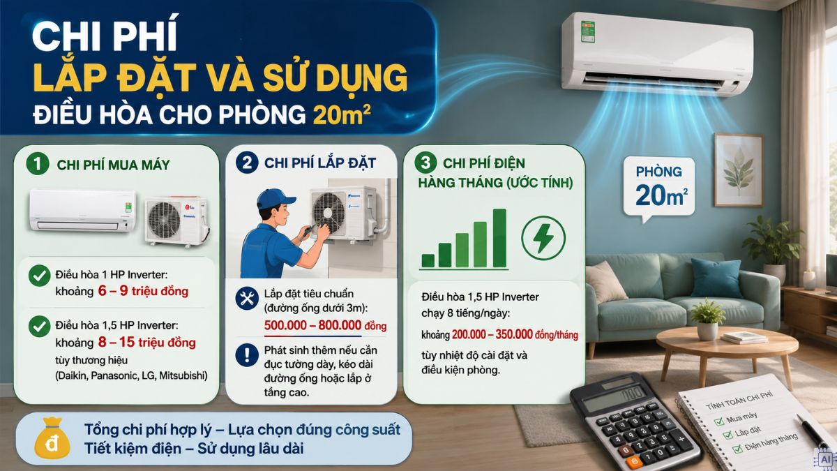 Chi phí lắp đặt và sử dụng điều hòa cho phòng 20m2