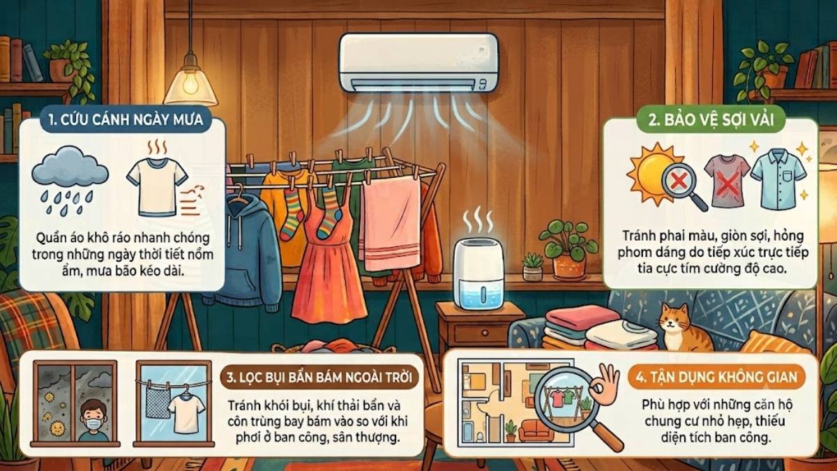Ưu điểm khi phơi quần áo trong phòng điều hòa