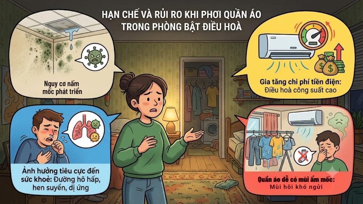 Hạn chế và rủi ro khi phơi quần áo trong phòng điều hòa