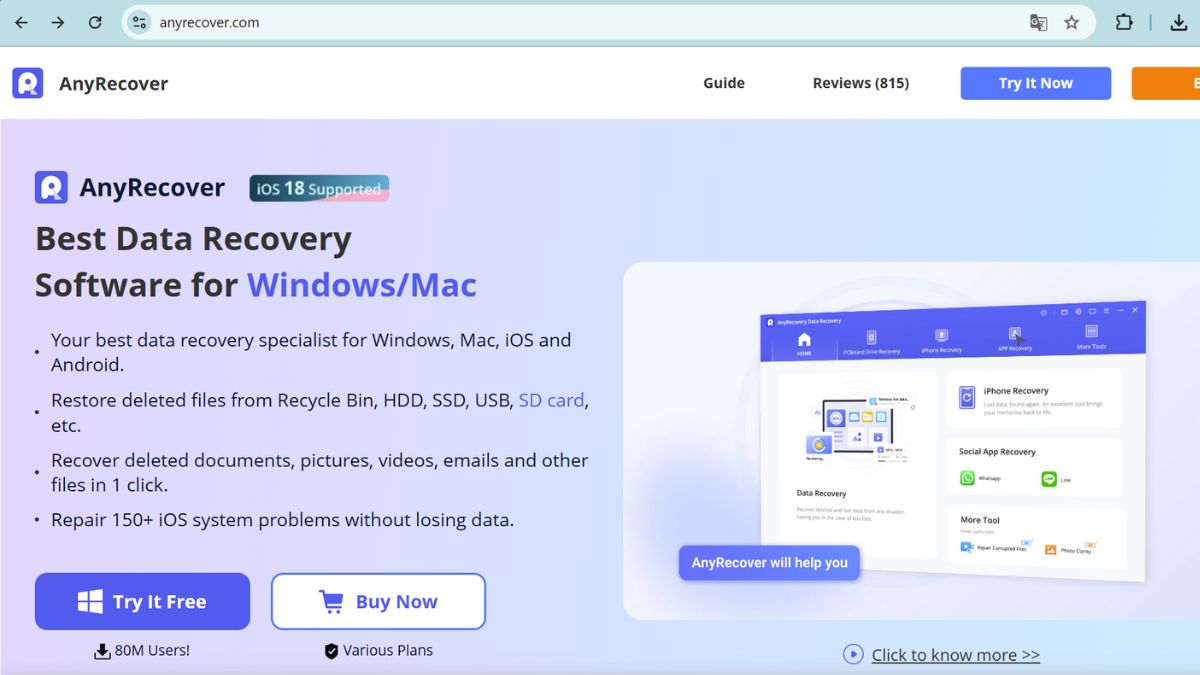 Sử dụng phần mềm AnyRecover cho cả Windows, macOS, iOS, Android