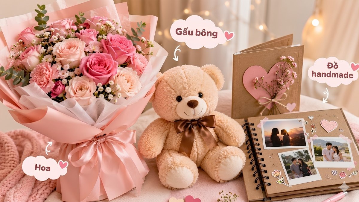 Hoa và gấu bông là quà tặng ngọt ngào cho phái đẹp