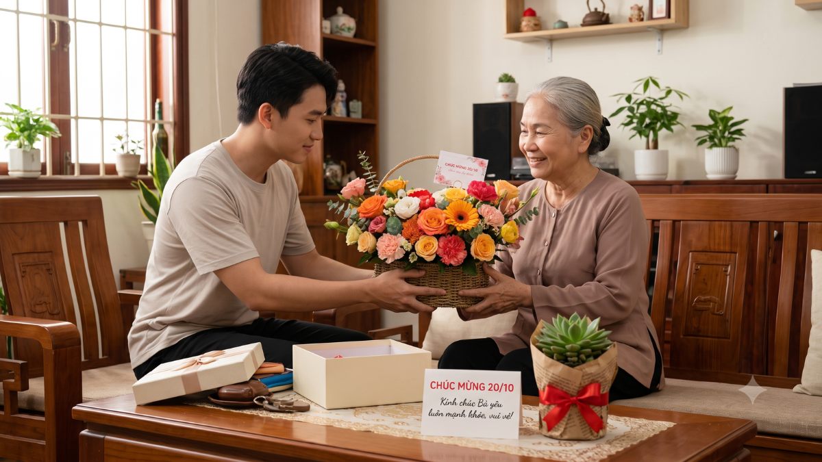 Quà tặng 20/10 dành cho bà Hoa tươi hoặc chậu cây nhỏ kèm thiệp tay và lời chúc