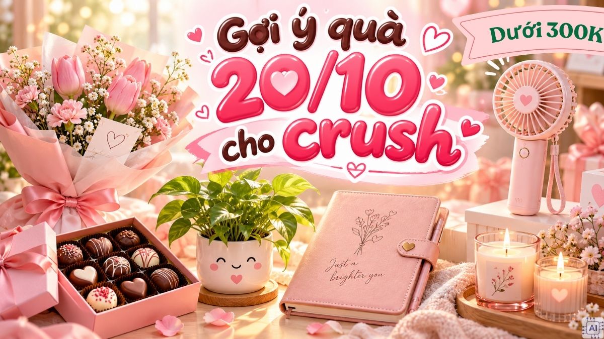 Quà tặng dưới 300.000đ (gồm bó hoa nhỏ, socola, cây để bàn mini, sổ tay khắc tên, quạt mini, nến thơm)