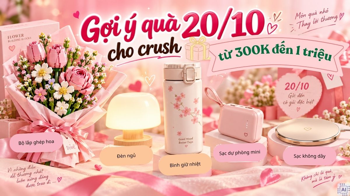 Quà tặng từ 300.000đ đến 1 triệu (gồm bộ lắp ghép hoa, đèn ngủ, bình giữ nhiệt, sạc dự phòng mini, sạc không dây)