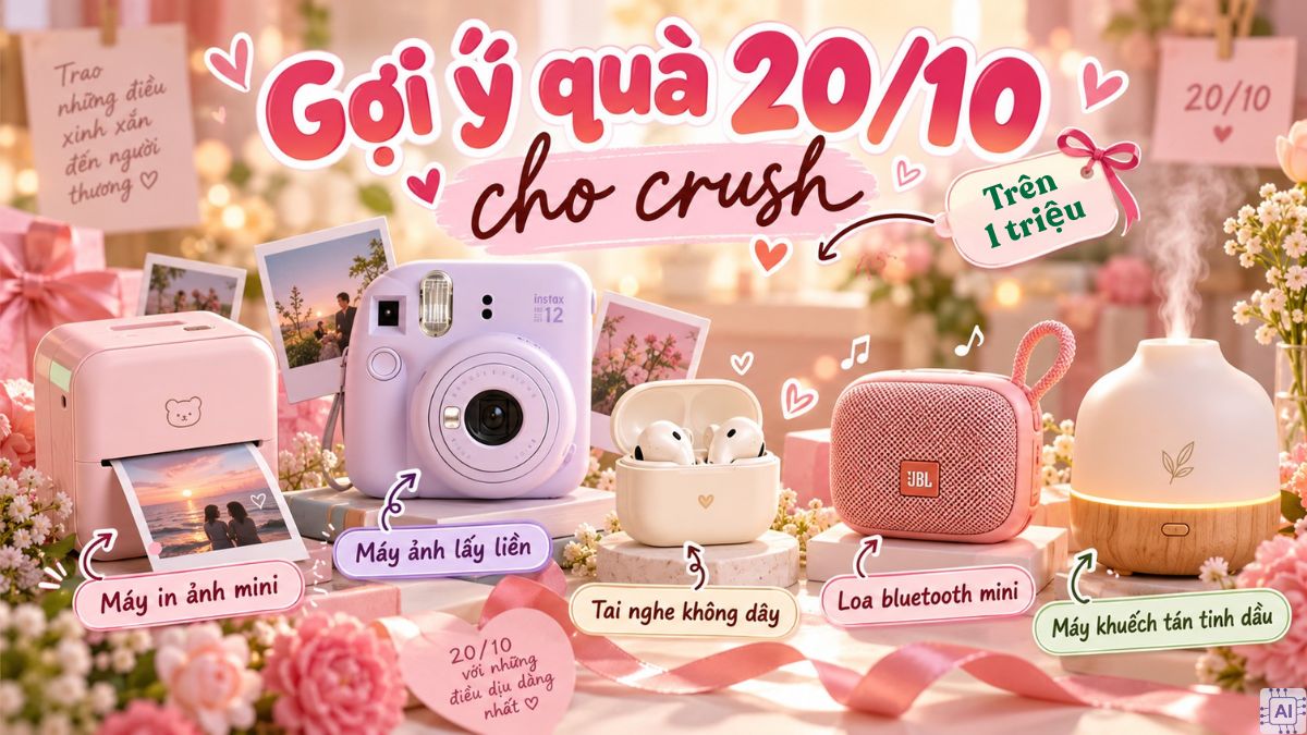 Quà tặng trên 1 triệu (gồm máy in ảnh mini, máy ảnh lấy liền, tai nghe không dây, loa bluetooth mini, máy khuếch tán tinh dầu)