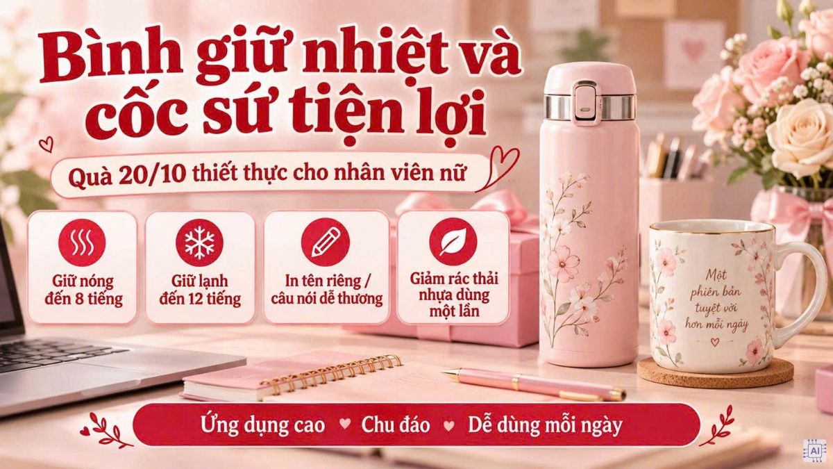 Bình giữ nhiệt và cốc sứ tiện lợi là món quà tặng 20/10 cho đồng nghiệp nữ