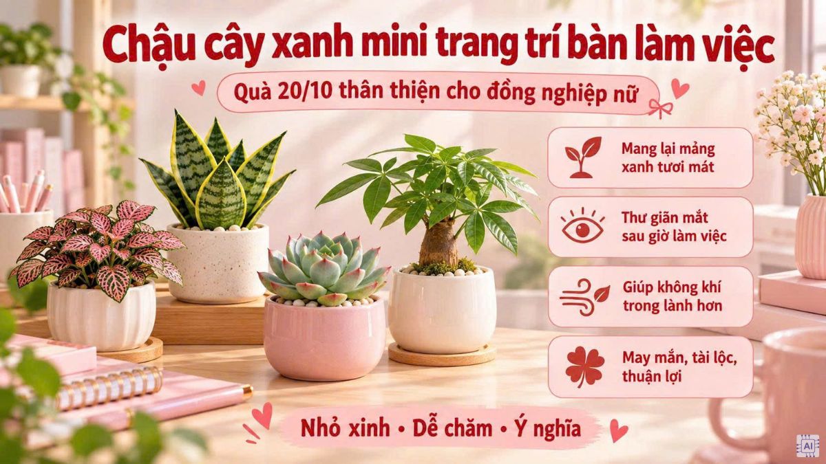 Chậu cây xanh mini trang trí bàn làm việc là món quà 20/10 cho đồng nghiệp nữ