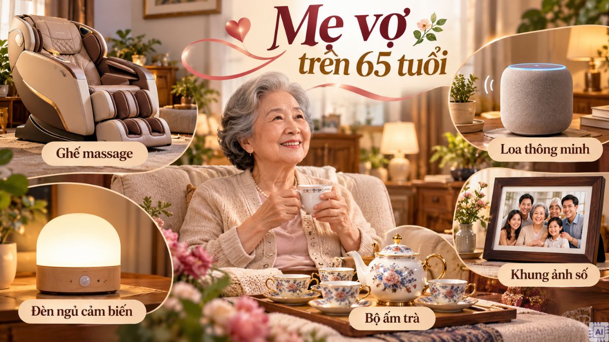 Mẹ vợ trên 65 tuổi: Ghế massage, loa thông minh, đèn ngủ cảm biến, bộ ấm trà, khung ảnh số