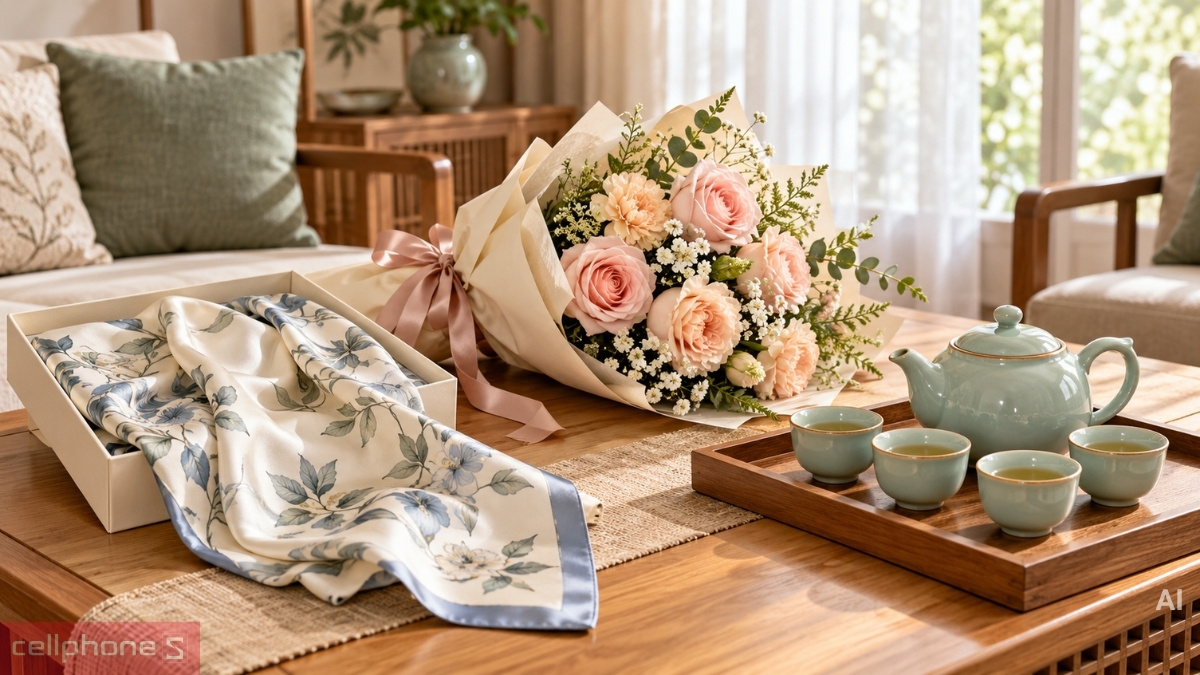 Khăn lụa, hoa và bộ ấm trà – Quà 20/10 gửi thương mến đến cô, dì, chị 