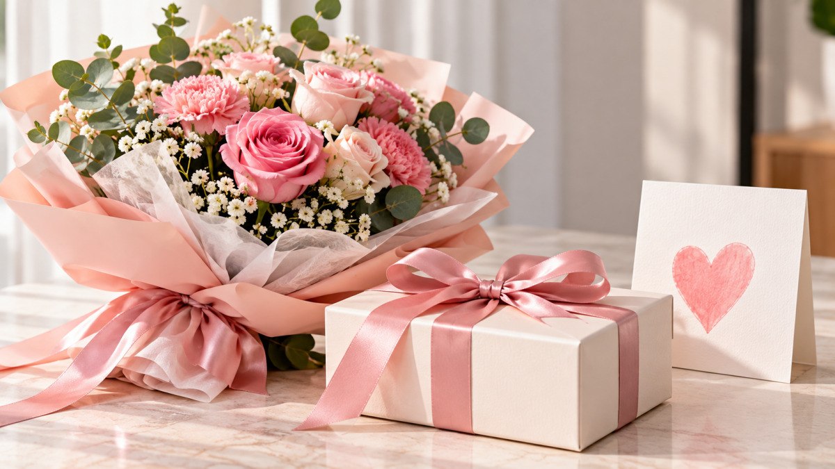 Chuẩn bị hộp quà, hoa và thiệp chúc mừng