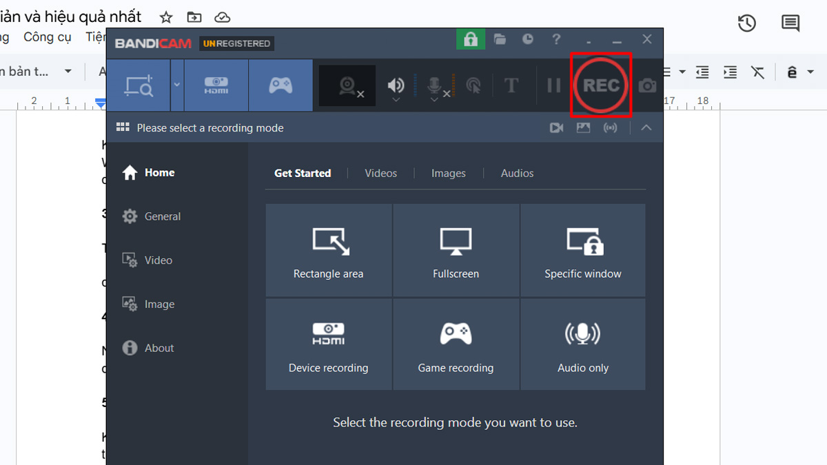 Thao tác quay màn hình Win 10 bằng Bandicam
