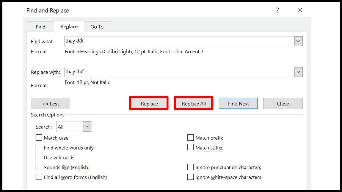 Thay thế định dạng văn bản bằng lệnh Replace trong Word