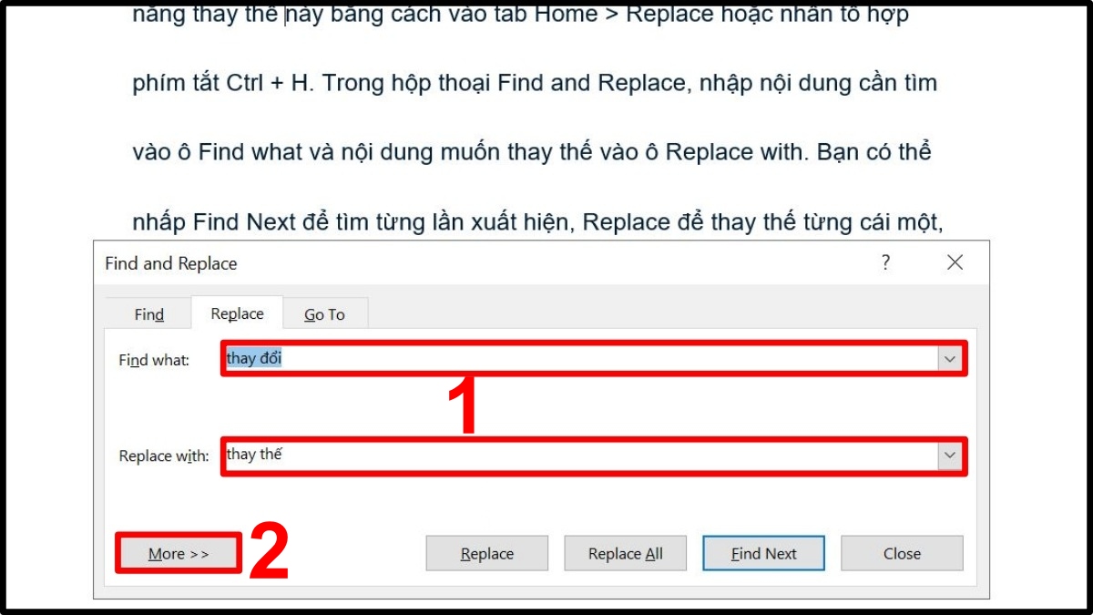 Thay thế văn bản nâng cao bằng lệnh Find and Replace