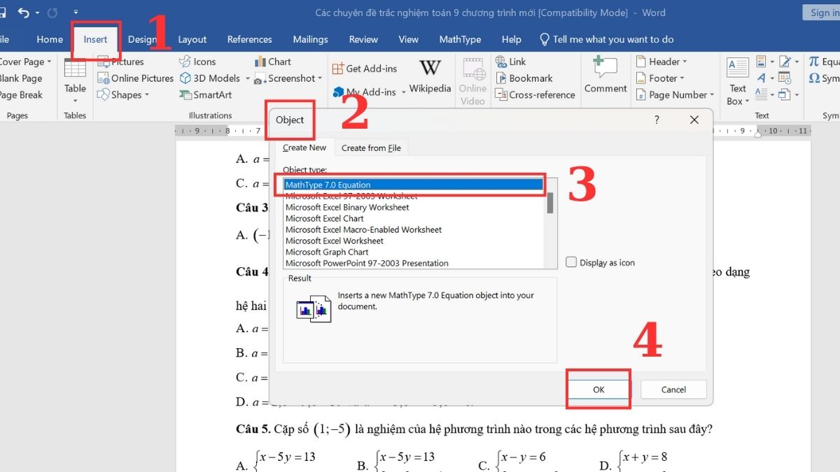 Dùng Insert Object khi làm việc với MathType
