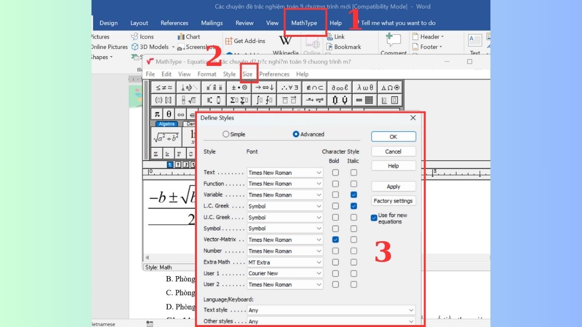 Sửa toàn bộ font, kích thước khi dùng MathType