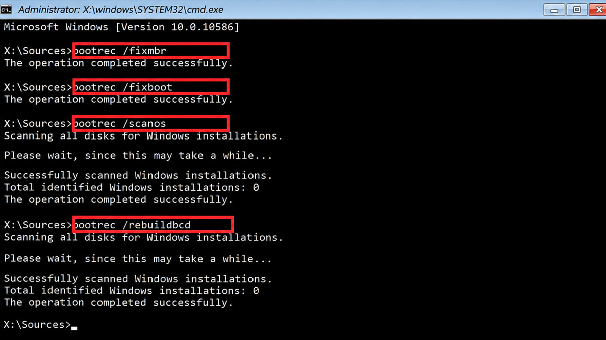 Kiểm tra và sửa lỗi khởi động bằng Command Prompt