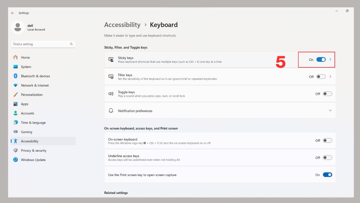 Bật/Tắt Sticky Keys thông qua Ease of Access