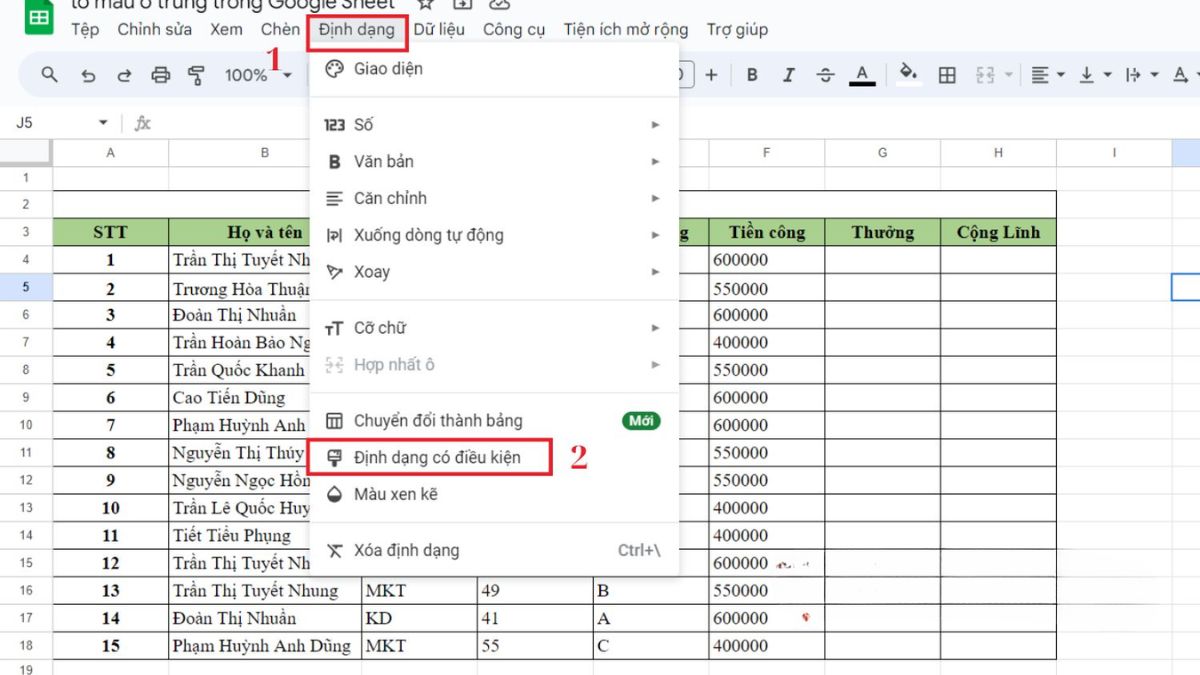 Cách tô màu dữ liệu trùng bằng Định dạng có điều kiện