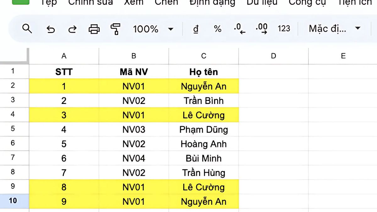 Công thức tô màu toàn bộ dòng nếu có dữ liệu trùng