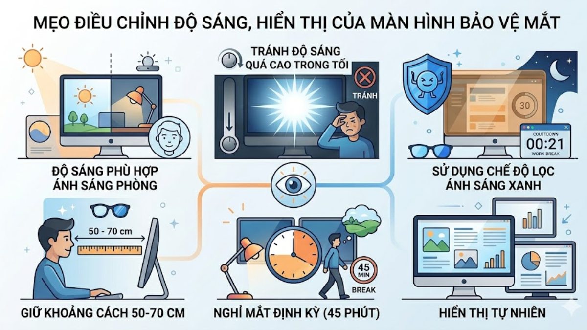 Mẹo điều chỉnh độ sáng, hiển thị của màn hình bảo vệ mắt