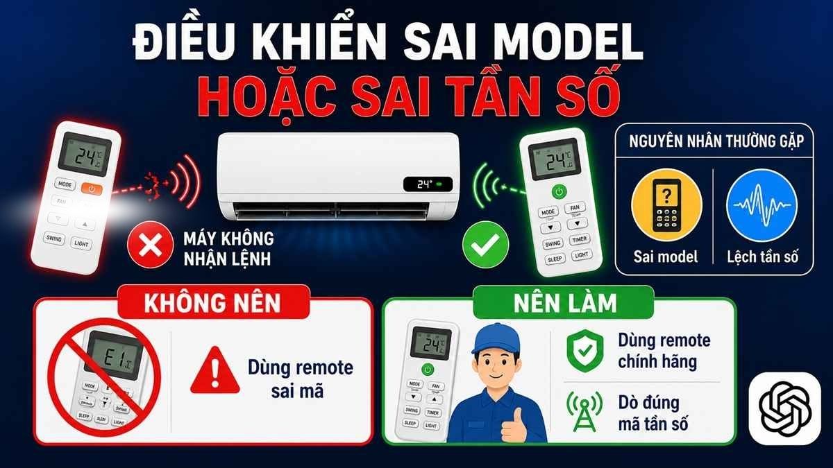 Điều khiển không đúng model hoặc sai tần số