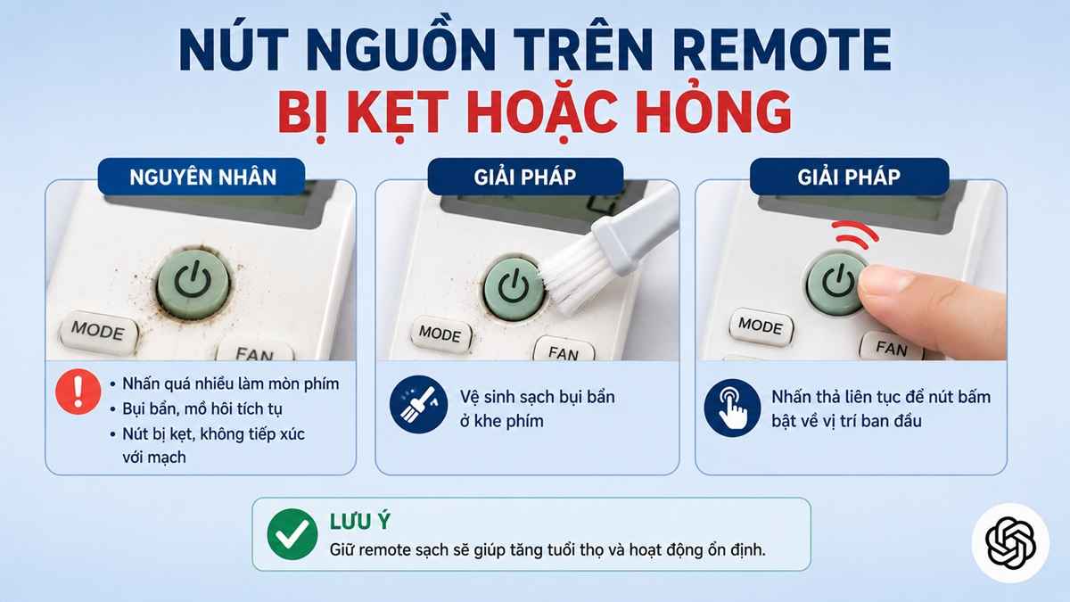 Nút nguồn trên remote bị kẹt hoặc hỏng