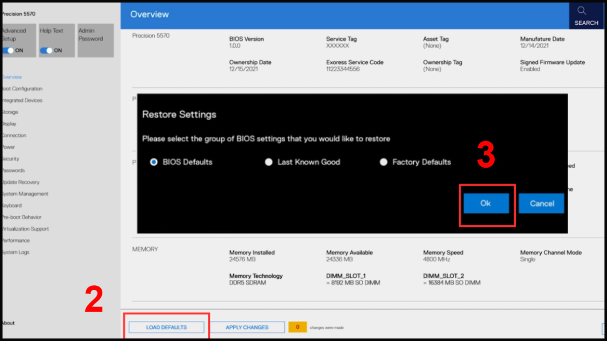 Khôi phục thiết lập mặc định trong BIOS