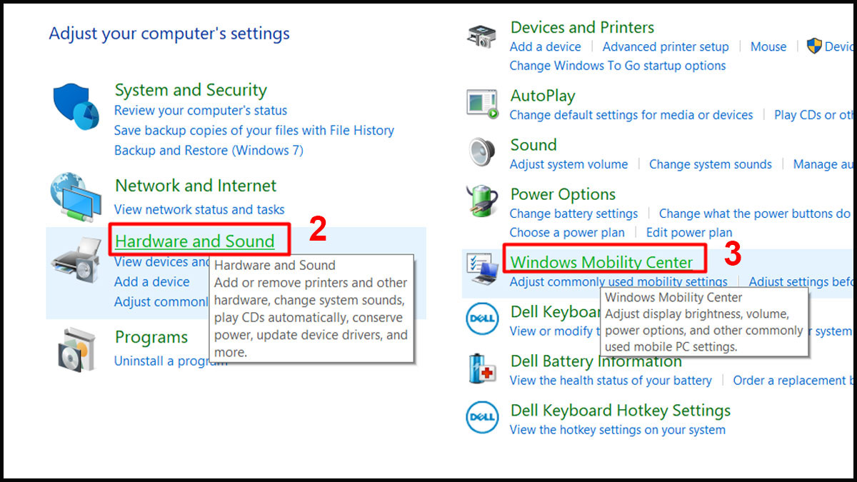 Bật đèn bàn phím laptop Dell qua Windows Mobility Center
