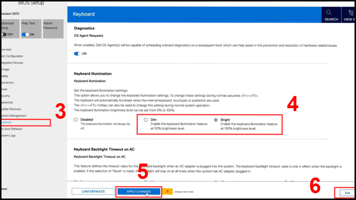 Bật đèn bàn phím laptop Dell qua BIOS (nếu máy hỗ trợ)