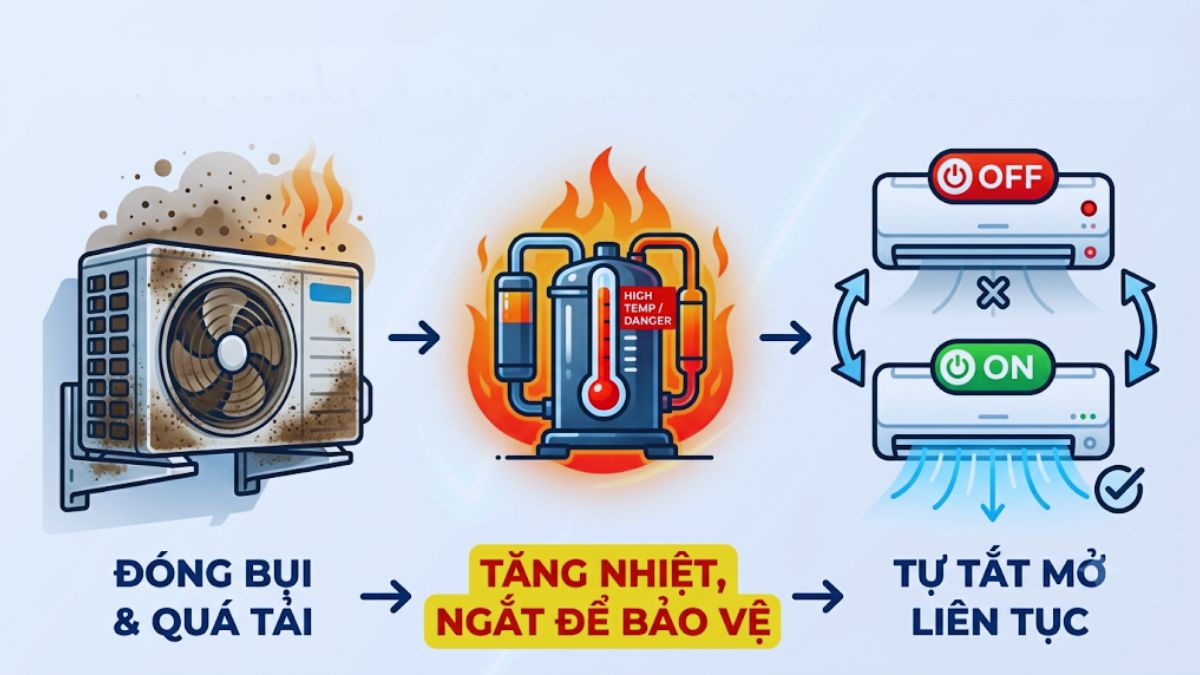 Dàn nóng quá tải/đóng bụi khiến máy lạnh tự đóng mở