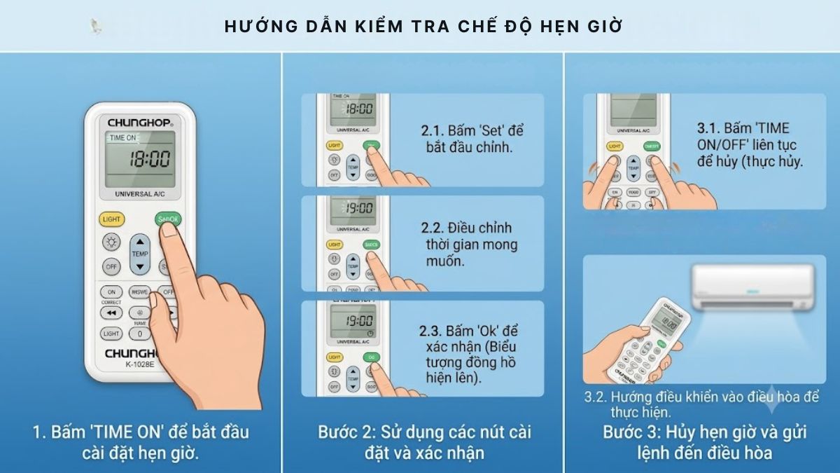 Kiểm tra chế độ hẹn giờ của điều hòa để kiểm tra và khắc phục tình trạng máy lạnh tự tắt mở