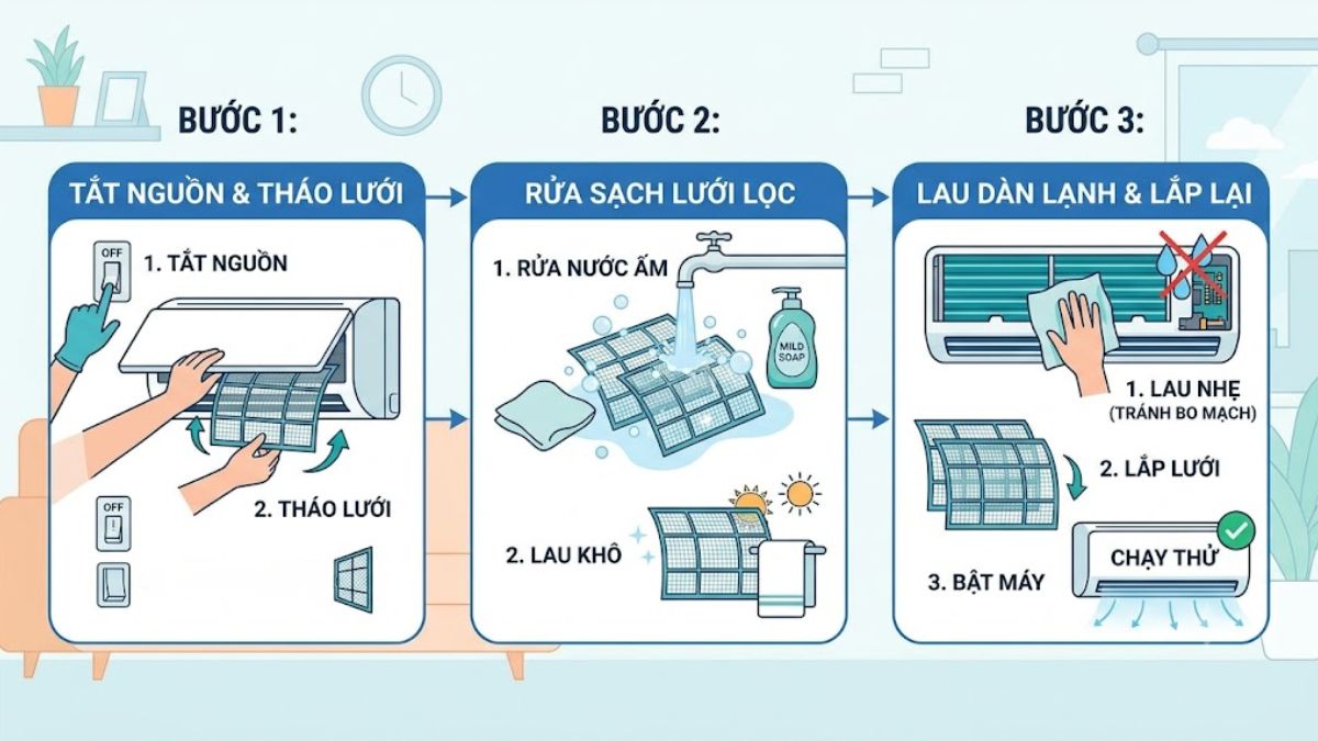 Vệ sinh lưới lọc và dàn lạnh định kỳ để giảm tình trạng máy lạnh tự tắt mở