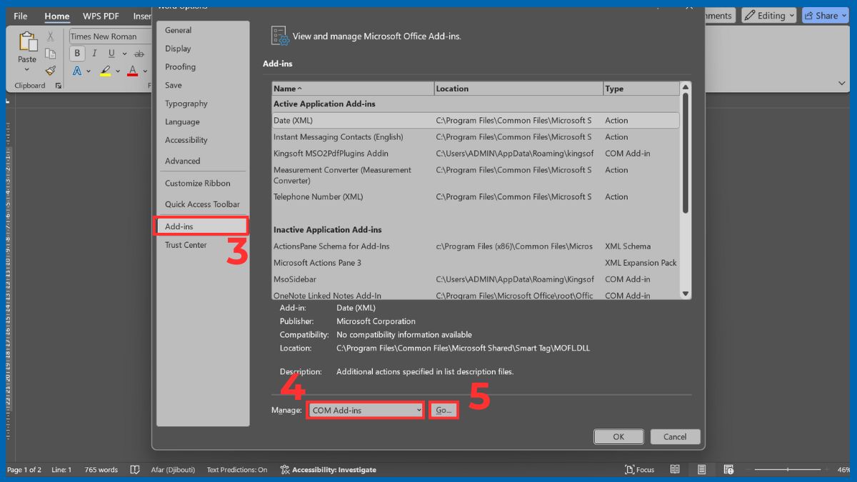 Kiểm tra add-ins gây lỗi hiển thị trong Word