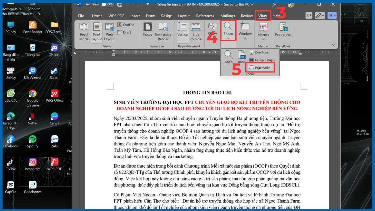 Tránh mở Word ở chế độ toàn màn hình quá rộng