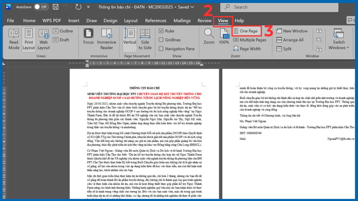 Tắt Multiple Pages trong tab View để tắt hiển thị 2 trang trong Word