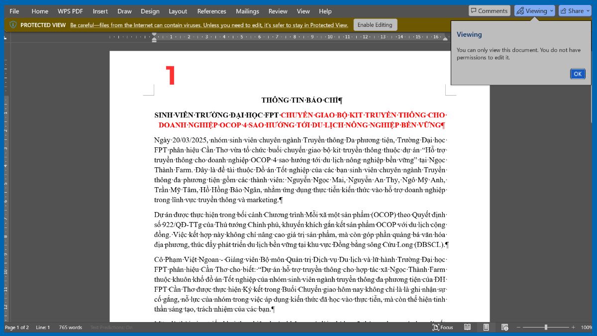 Tắt Read Only trong Word bằng Enable Editing