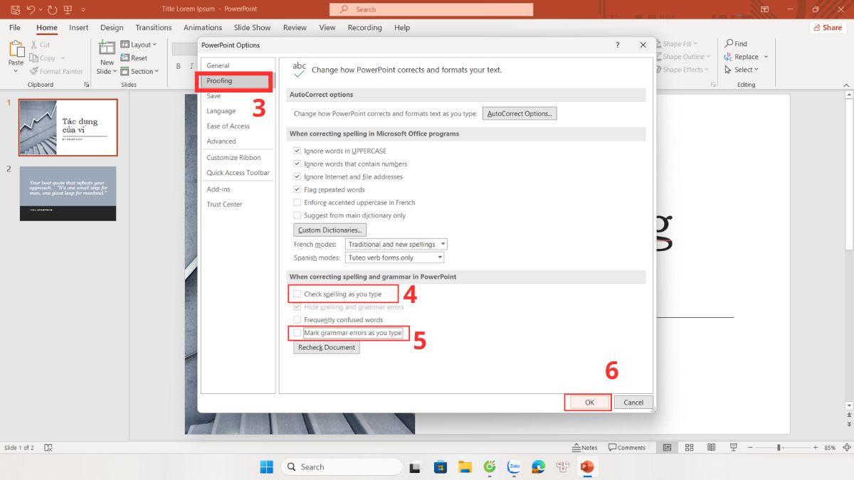 Tắt gạch chân đỏ trong PowerPoint 2016/2019/2021