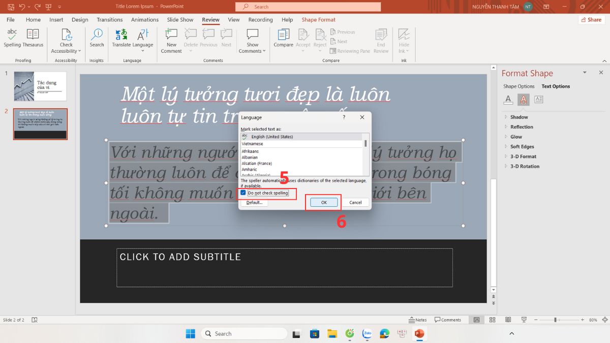 Tắt gạch chân tạm thời cho một slide hoặc một đoạn văn bản