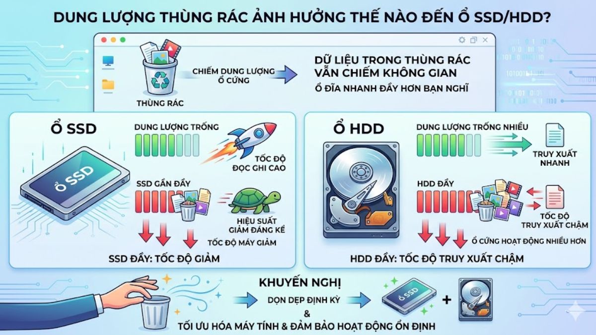 Sự ảnh hưởng của dung lượng thùng rác đến ổ cứng