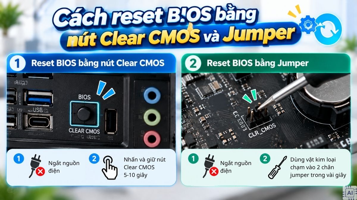 Cách reset BIOS bằng nút Clear CMOS và Jumper