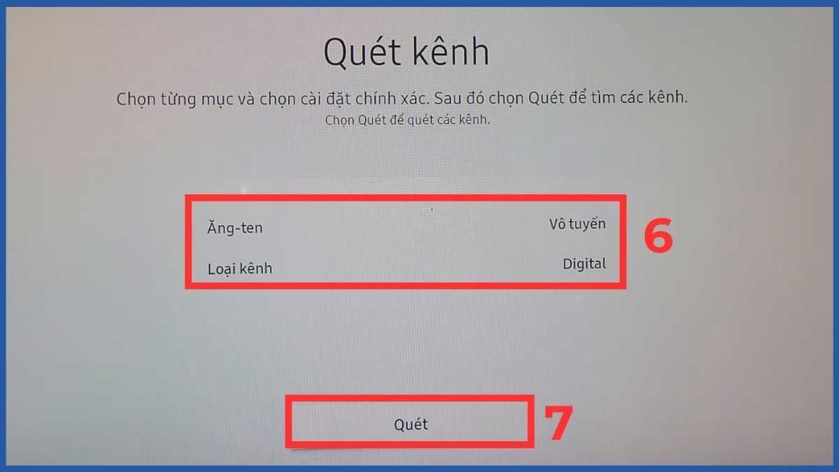 Tiến hành dò kênh VTV trên TV Samsung