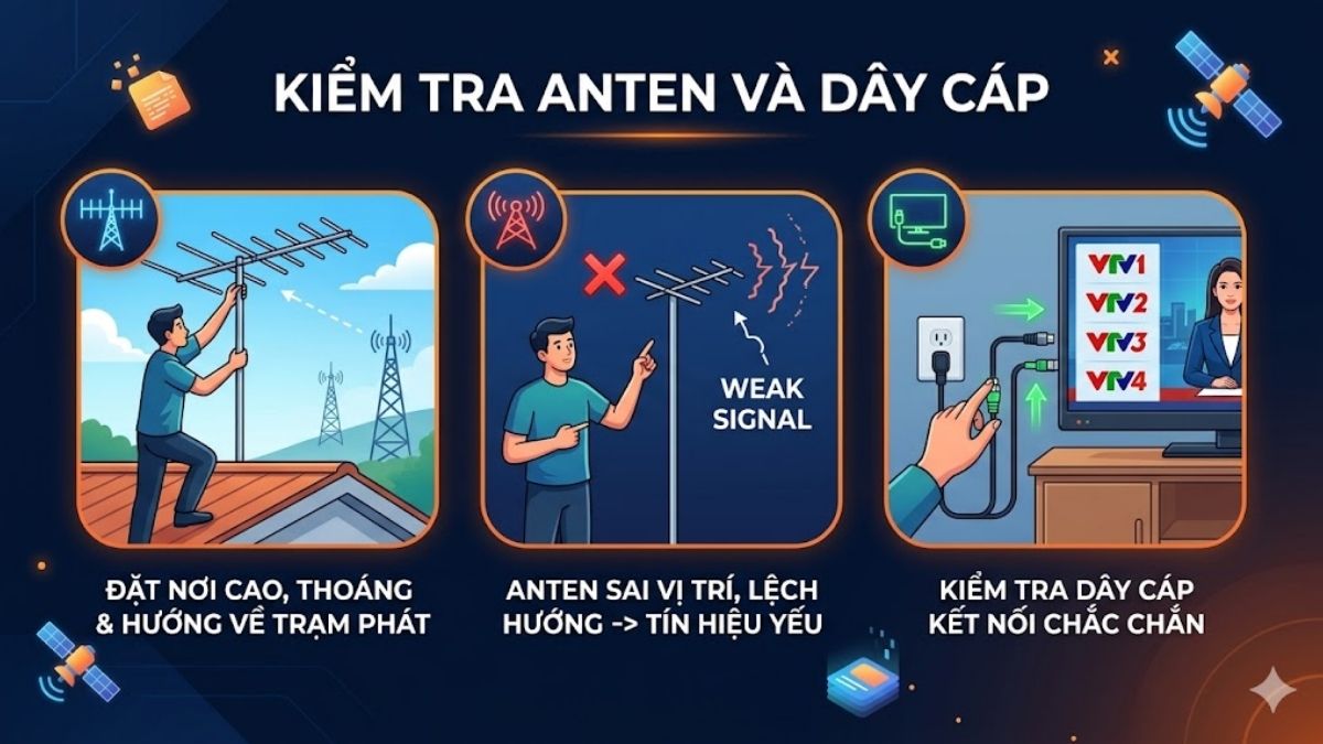 Kiểm tra ăng-ten và dây cáp kết nối