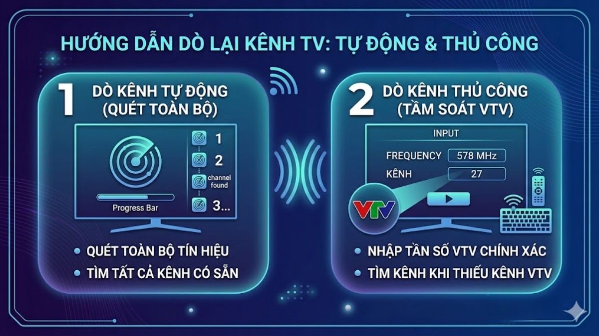 Tiến hành dò lại kênh bằng cả chế độ thủ công và tự động