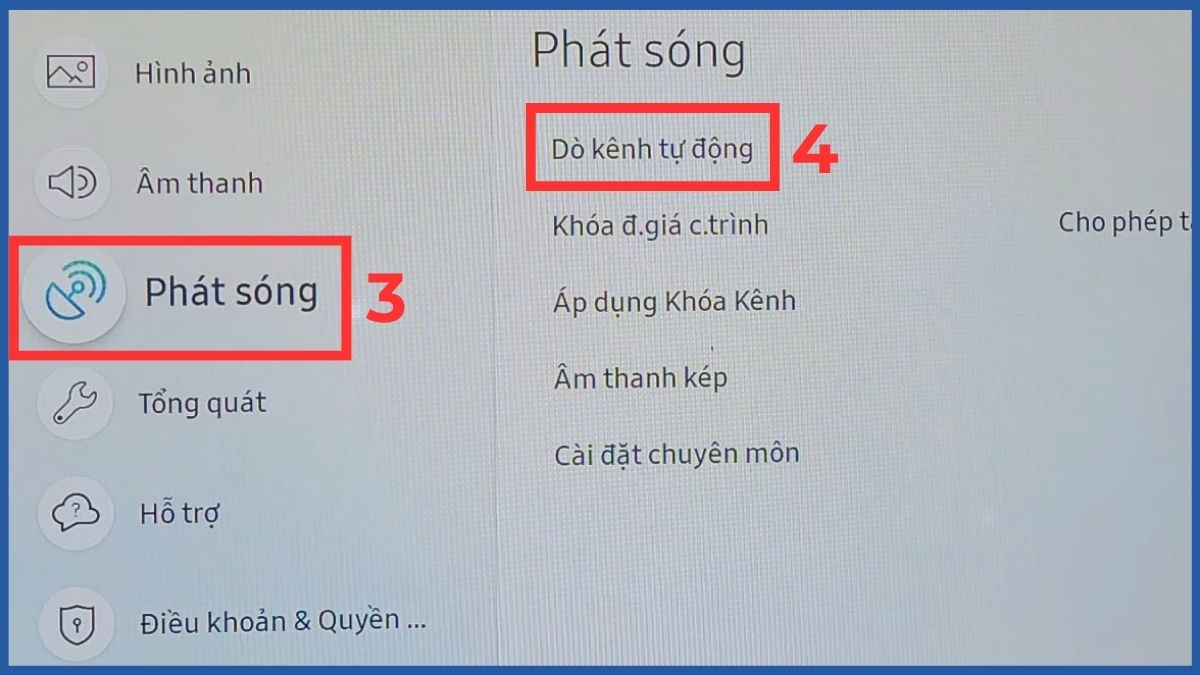 Truy cập vào mục Dò kênh tự động trên tivi Samsung