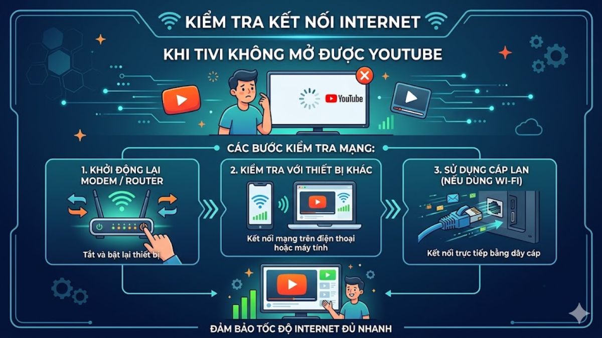 Kiểm tra lại kết nối mạng Internet để sửa lỗi khiến tivi không mở dược YouTube