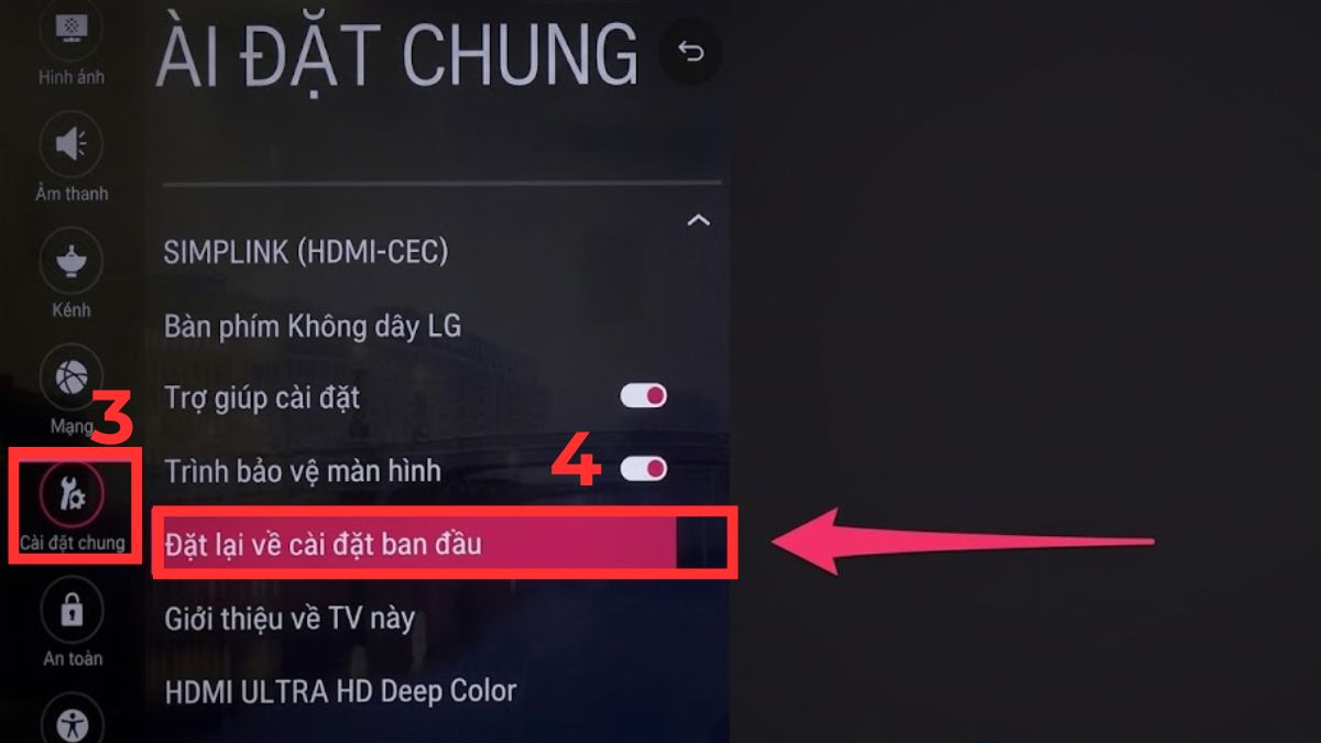 Khôi phục cài đặt gốc (Reset tivi)