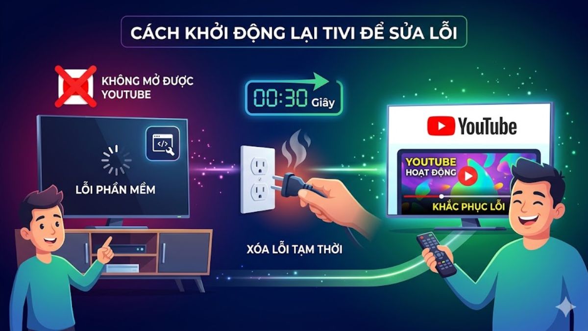 Khởi động lại tivi để khắc phục lỗi không vào được YouTube