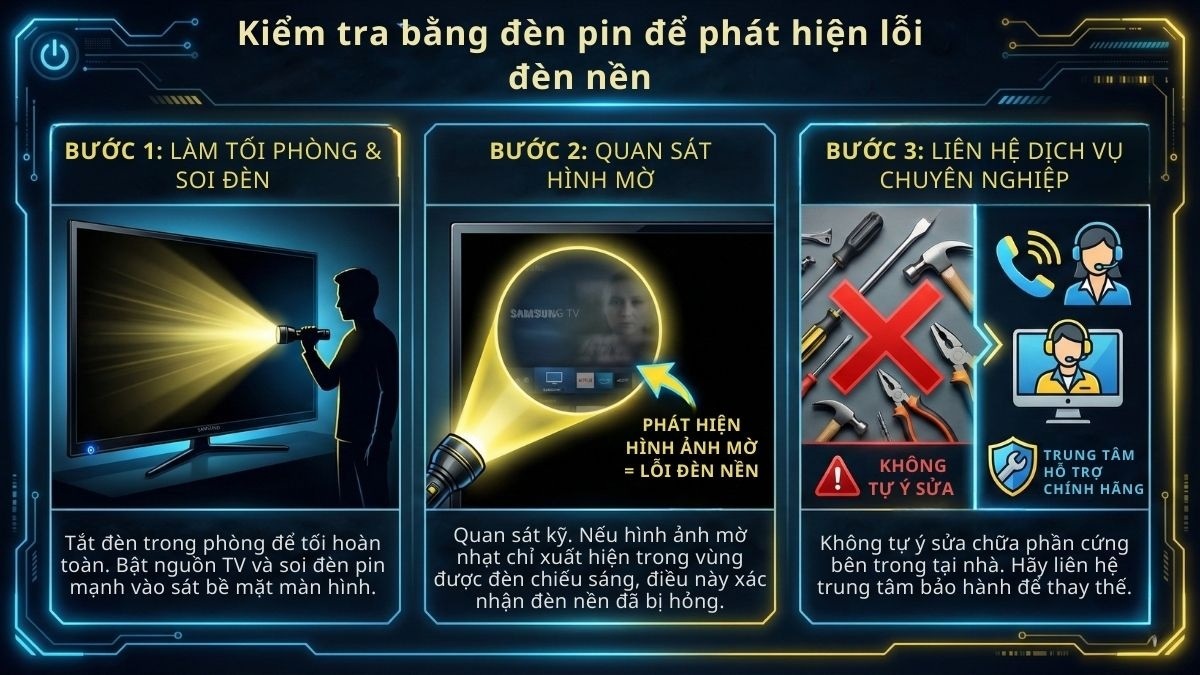 Kiểm tra bằng đèn pin để phát hiện lỗi đèn nền
